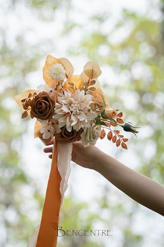 Set of 6 Terracotta Bridesmaid Bouquet, Small Bouquet | Artificial Flowers, For Wedding, Marriage Proposal Party, Vintage Wedding Ceremony, Anniversary - color: Terracotta