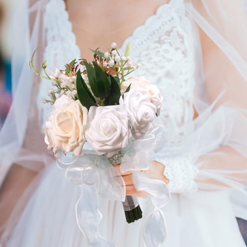 LEIFENY Wedding Bouquets for Bride, Champagne & White Bridal Bridesmaid Flower with Silk Ribbon, Artificial Toss Rose for Civil Ceremony - color: Champagne White