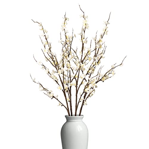 Ammyoo 4Pcs Cherry Blossom Branches Artificial Flowers for Spring Summer Indoor Decoration,Faux Long Stem Artificial Flowers for Wedding Home Office Bedroom Party Table Centerpieces Decor(White) - color: White