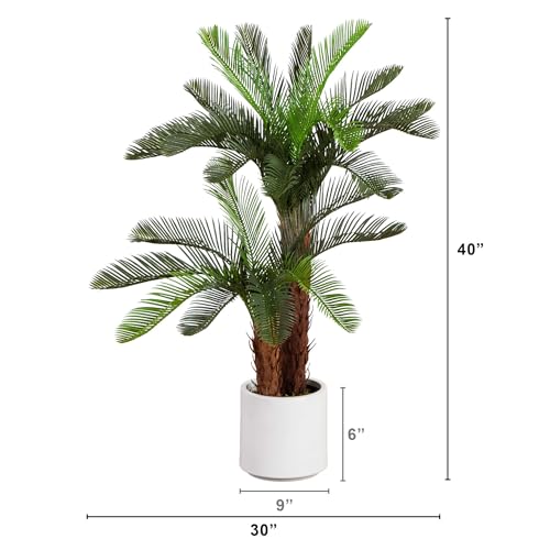 Nearly Natural 40in UV Resistant Artificial Double Cycas Palm Tree in White Planter