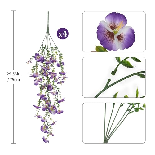 Purple Artificial Hanging Flowers for Outdoors, 4 PCS 29.5in UV Resistant Faux Outdoor Hanging Plants Pansy Flowers Fake Cascading Floral Vines for Porch Patio Balcony Pergola - color: Purple