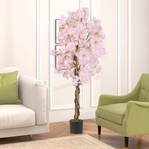 GOFLAME 5FT Artificial Cherry Blossom Tree, 2 Pack Faux Pink Silk Plant with Solid Wood Trunk, Realistic Moss and Nursery Pot, Fake Sakura Flower Tree for Home Office Indoor Decor