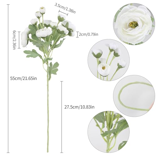 Ranunculus Artificial Flowers 5PCS Faux Peonies White Silk Ranunculus Flowers with Stems 21.65" Real Look Fake Flowers Bulk for DIY Wedding Bridal Shower Table Centerpieces Home Decor(White) - color: White