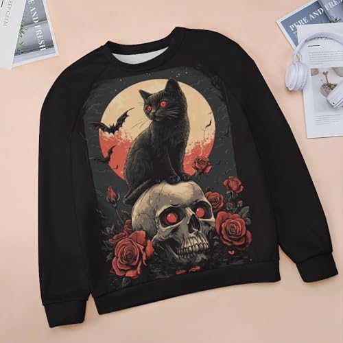domirica Halloween Sweatshirts for Women Black Cat Print Pullover Crewneck Oversized 2024 Fall Fashion Casual Warm Shirt - color: Rosecat, size: Small