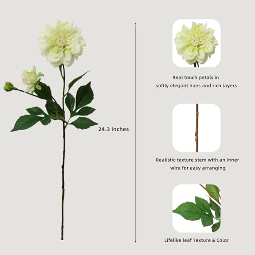 KBREE Real Touch Dahlia Artificial Flowers, 3 Pcs, 24.3” Long Stem Faux Dahlias in Natural Tones, Large Flowers Stems for Wedding Bouquet DIY, Table Centerpiece & Home Office Decor (Light Green) - color: Light Green