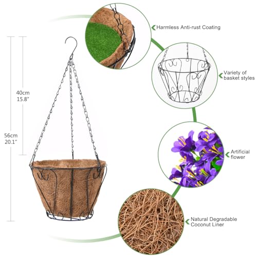 INQCMY Artificial Hanging Flowers in Basket for Spring Patio Garden Decoration, Faux Silk Violet in Planter UV Resistant Realistic for Outside Home Porch Balcony Yard Decor(Purple) - color: Purple