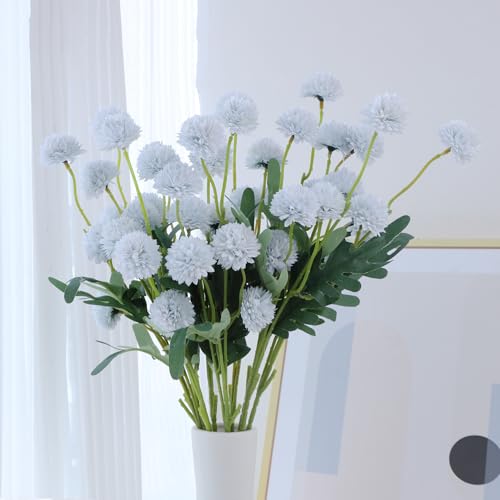LVEFIT 10 Pcs Ice Blue Kiku Flower Fake Mums Long Stem Flowers,Faux Kiku Flower Bulk,Silk Flowers Mini Chrysanthemum Floral Arrangements,Artificial Flowers Chrysanth Mini Fake Flower - color: Ice Blue