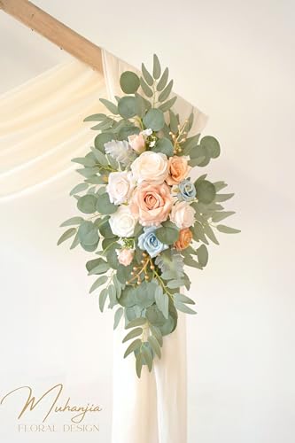 Muhanjia Artificial Wedding Arch Flowers Kit(Pack of 4),2Pcs Artificial Flower Arch Decor, 2Pcs Chiffon Fabric Drapes, Ceremony Decoration, Floral Outdoor Party Decor (Champagne & Blue) - color: Champagne & Blue