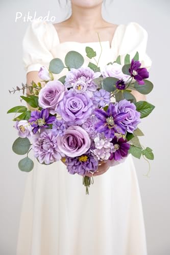 Artificial Flower Purple Combo Box Set Fake Rose Dahlia for DIY Wedding Center Bouquet Bride Baby Shower Party Tables Decoration Floral Arrangements. - color: Lavender & Dark Purple