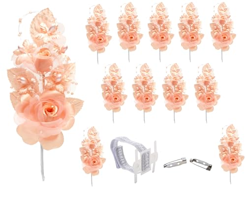 Set of 12 Artificial Silk Organza Craft Rose Flower, 12 Corsage Wristlet, 12 Pin Back DIY Boutonnieres for Wedding, Bridesmaids, Groomsmen, Quinceanera, Prom, Sweet 16 (Blush) - color: Blush