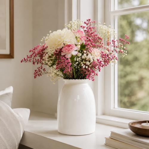 White Ceramic Vase Modern Minimalist Table Centerpiece, Round Smooth Flower Holder for Living Room, Shelf, Mantel, Wedding & Home Decor-8.3" H - color: White-8.5inch