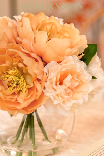 Artificial Flowers in Vase, Silk Peonies Flower Bouquet with Faux Water, Apricot & Champagne Fake Flower Arrangement for Spring Home Decor Wedding Party Dining Table Centerpiece & Mom's Birthday Gift - color: Apricot & Nude
