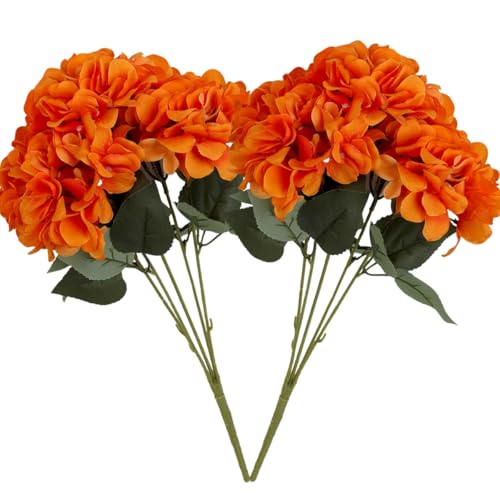 Jim's Cabin Artificial Flowers Silk Hydrangea Arrangements 2 Bouquet with 5 Big Heads Fake Flower Bunch for Women Bedroom Wedding Cabin Decor DIY（Orange） - color: Orange Red