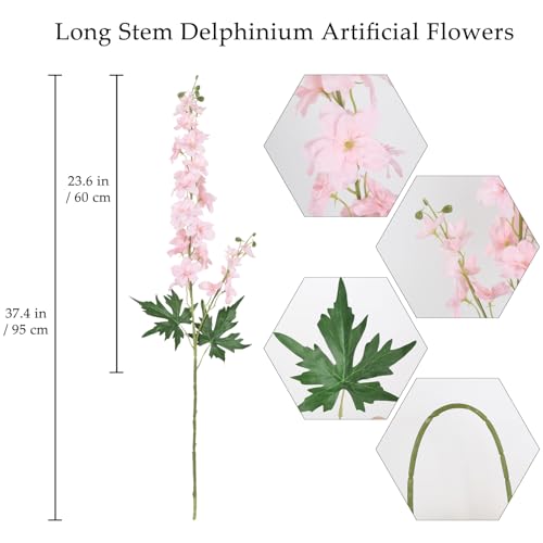 6Pcs Pink Delphinium Artificial Flowers 37.4’’ Faux Silk Larkspur Flowers Long Stem Flowers for Floor Vase Table Centerpiece Home Wedding Party Garden Decoration(Pink) - color: Pink