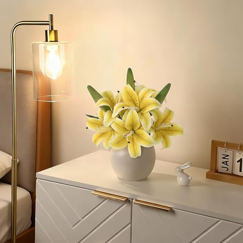 GarveeTech Artificial Tiger Lily Flowers 3 Pcs, Real Touch Yellow Lily Faux Flowers,6 Blooms & 3 Buds,Ceramic Vase Included,Home Table Wedding Baby Shower Birthday Party Centerpiece Decoration - color: Yellow, size: Lily(3 Pcs)