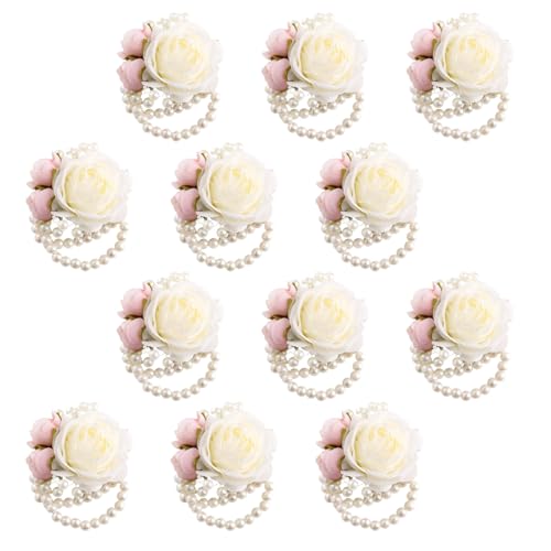 Wrist Corsages Set of 12 for Wedding Bridal Bride Bridesmaid Artificial Hand Flower Corsage Wristlet Band Homecoming Graduation Prom Party Ivory and Pink - color: Ivory & Pink Corsages ( 12pcs )