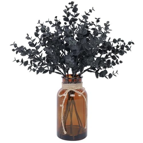Artificial Eucalyptus Stem in Vase,Realistic Small Fake Eucalyptus Plant for Coffee Table Farmhouse Shelf Bathroom Home Office Decor (Black) - color: Black