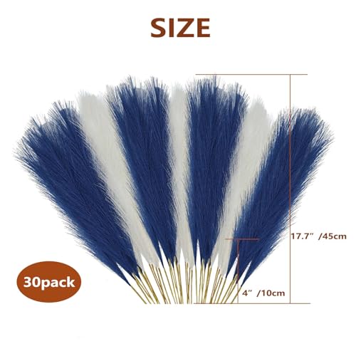 Blue and White Pampas Grass Decor, 30 Pcs 17" Navy Blue & White Flowers Short Fluffy Artificial Faux Pampas Grass Stems, Fake Bulrush Floor Vase Filler Flower Arrangement for Boho Home Decor - color: Blue and White