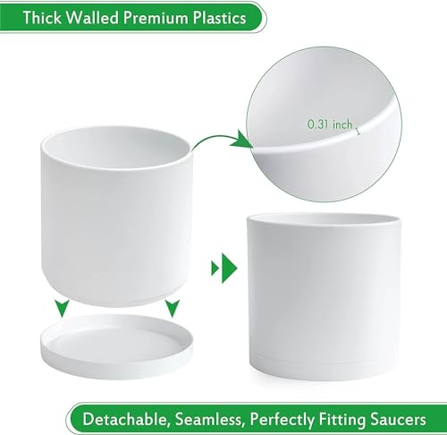 D'vine Dev 2 Pack 10 Inch Modern Plastic Plant Pots, Cylindrical Garden Planters for Plants with Drainage Holes and Saucers, White, 74-Z-N-1 - size: 10"