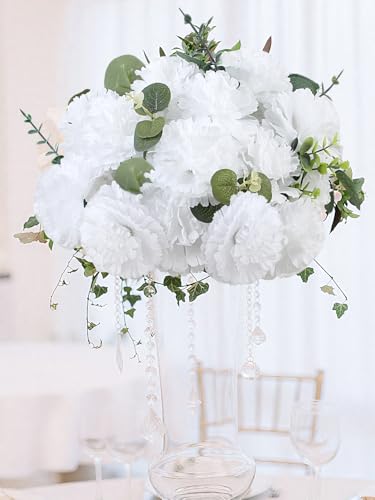 LELEE 108pcs Carnation Head Flowers with Stem, White Artificial Carnations Flowers Bulk, White Silk Carnation Fake Flower for Wedding Bouquet Table Centerpieces Funeral Cemetery Gravesite Decor - color: White