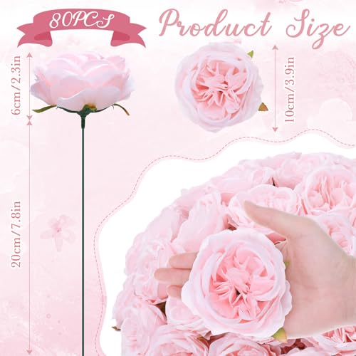 Suncalla 80 Pack Austin Rose Peonies, 3.94 Inch Artificial Flowers Heads Bulk with Stems Leaves for Arrangement Wedding Centerpiece Banquets Party Home Kitchen Decor DIY(Pink) - color: Pink