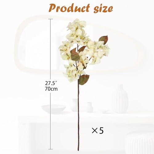 Briful Bougainvillea Artificial Flowers 5 Pack 27.5'' Fake Bougainvillea Floral Stems Realistic Silk Floral Arrangements for Home Weddings Parties Table Vase Centerpiece Decor(Beige) - color: Beige