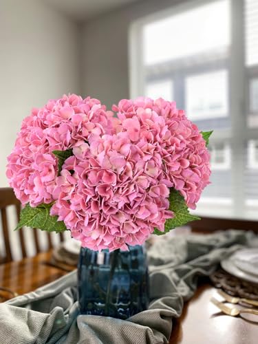 JINWOE Real Touch Artificial Hydrangea Flowers, 3pcs 21" Pink Latex Spring Silk Faux Hydrangea Flowers,Lifelike Artificial Hydrangeas with Stems for Porch Bouquets Wedding Home Baby Showers - color: Pink