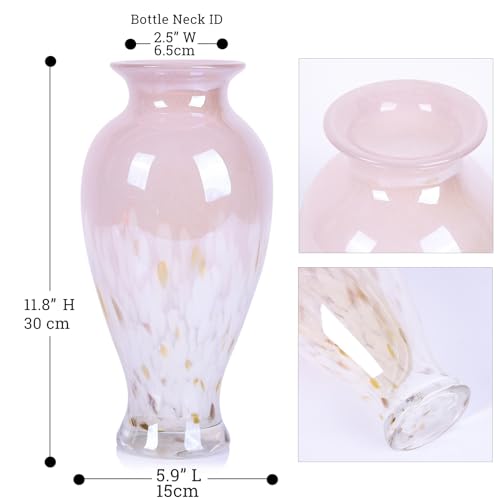 11.8" Tall Pink White Blown Glass Vase, Colorful Opaque Glass Vase, Unique Design Wide Mouth Art Decoration for Home, Living Room, Dining Table, Pampas Grass Decor (Pink White) - color: Pink White