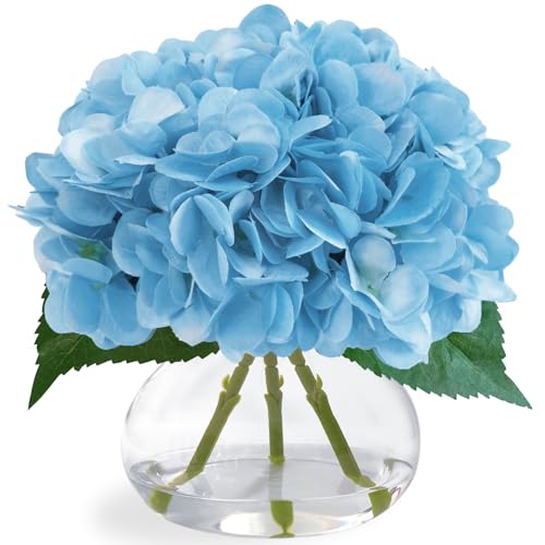 Big Petals Hydrangea Artificial Flowers in Vase, Blue Silk Fake Flowers Silk Centerpiece Table Decorations for Dining Room,Coffee Table Decor,Wedding, Home with Faux Water decorr (Sea Blue) - color: Sea Blue