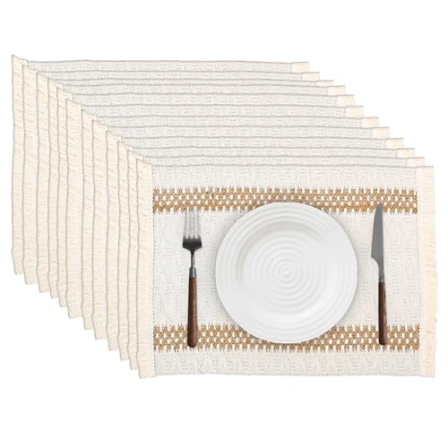 Niviy Boho Placemats Set of 12, 12x18 Inch Natural Cotton Burlap and Kitchen Woven Placemats with Tassels for Dining Table Centerpiece Thanksgiving Home Decorations - color: Beige & Brown, size: 12" x 18", Set of 12