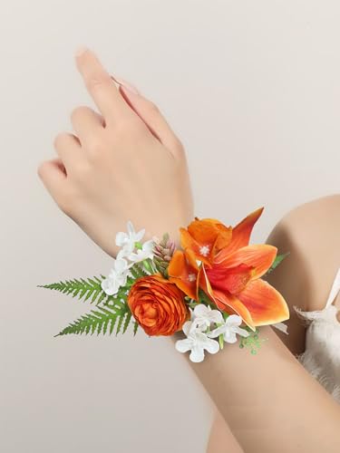 Rinlong 2Pcs Tropical Orchid Wrist Corsage for Wedding, Prom, Homecoming | Bridesmaid, Mother of the Bride Corsage - color: 20-tropical Orange
