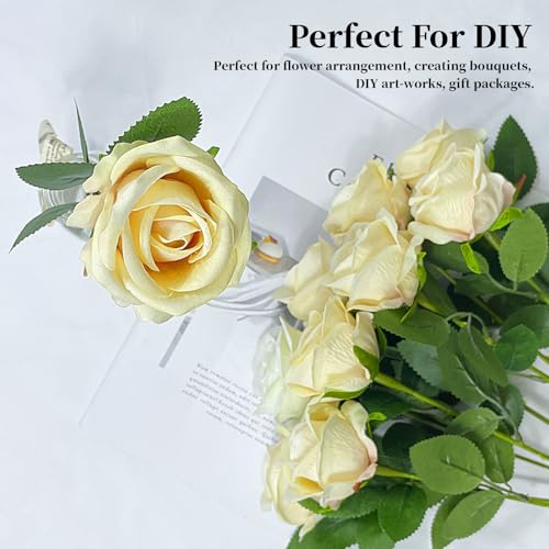 10 PCS Artificial Roses with Long Stems Silk Flowers Realistic Foam Flowers Fake Roses for Valentine's Day Home Wedding Halloween Decor(Champagne) - color: Champagne