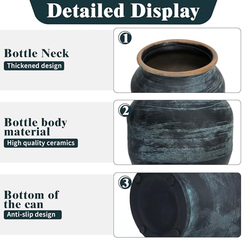 Rustic Ceramic Flower Vase,8 Inch Indigo Artisan Handcrafted Wide Ceramic Vase Farmhouse Rustic Vase Wide vases for Decor Living Room Home Decor - size: 8Inch