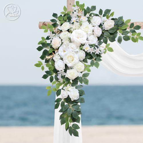 Odouzy Wedding Arch Flowers Kit,Artificial Flower Arch Decor (Set of 3),2pcs Artificial Flower Arrangement with 1pc Sheer Drape for Wedding Decor Reception Backdrop Floral Decorations (Ivory White) - color: Ivory White
