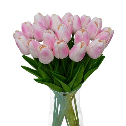 20pcs Pink Tulips Artificial Flowers 13 Inch PU Fake Flowers Fake Tulips for Mother's Day Easter in Home Kitchen Wedding Dining Table Decorations - color: B-Pink