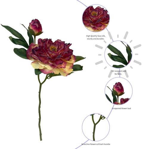 4 PCS Premium White Peonies Artificial Flowers,19.2’’Fake Faux Silk Peonies for Centerpieces Wedding Home Decor (4, Burgundy) - color: Burgundy