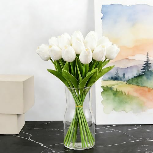 Artificial Tulips Bridal Wedding Festival Decor Bouquet Real Touch PU Flower Bouquet Pack of 20 (White) - color: White