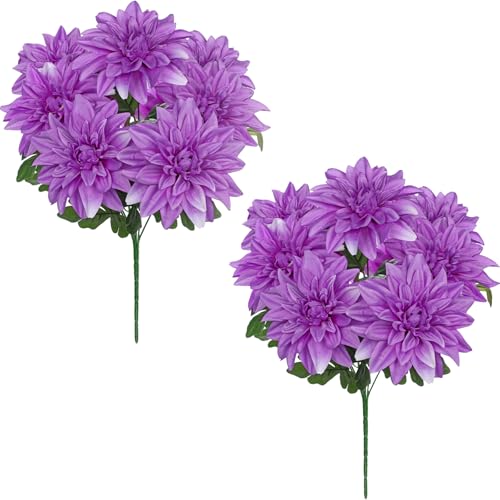 Hollyone 2Pcs Purple Artificial Dahlia Flowers Bush 7 Heads Silk 15.7" Fake Dahlias Flowers Wedding Bouquets Faux Dahlia Flower Floral Arrangements for Outdoor Indoor Table Centerpieces Home Decor - color: 2pcs - Purple