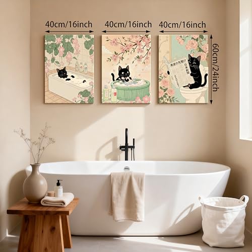 WENGTIAO Japanese Bathroom Wall Art Set of 3 Funny Black Cat Wall Paintings Cute Japan Cat Prints Pictures Animal on Toilet Photo Home Decor for Bathroom Restroom Laundry Room 16”x24”x3 - color: Black Cat Bathroom, size: 16"x24"x3Pcs