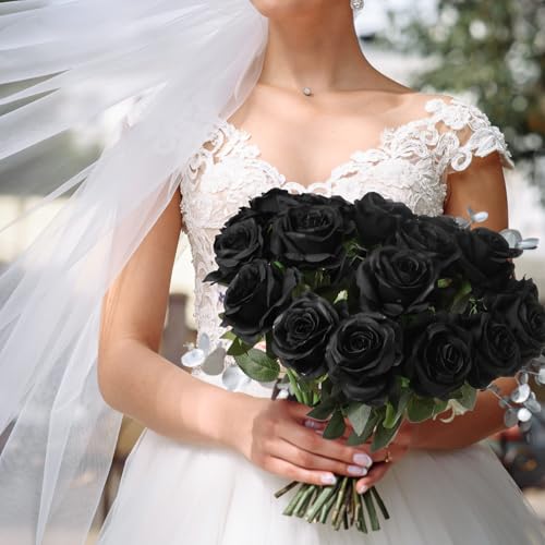 Nubry 24pcs Artificial Black Roses, Fake Silk Roses Flower with Long Stems, Realistic Flowers for Bridal Wedding Party Table Centerpiece Home Decor - color: Black