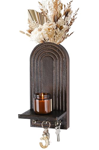 3-in-1 Wooden Wall Organizer - Planter Vase + Candle Sconces + Hooks (No Dried Flower)- Farmhouse Hanging Decor Boho Wall Art for Indoor Plants Artificial Eucalyptus for Living Room Bedroom Brown - color: Brown
