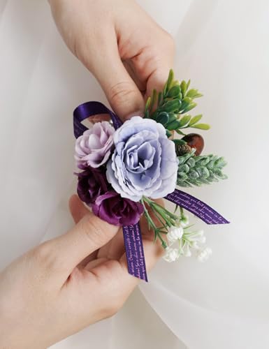 Alizeal 2Pcs of Wrist Corsage and Boutonniere Set, Artificial Flowers Accessories Suit Decor for Wedding Prom Party Homecoming Ceremony, Pastel Lilac - color: 701-pastel Lilac