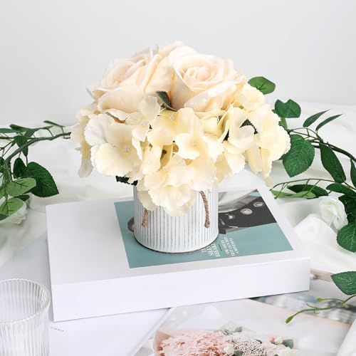 Flower Table Centerpieces - Set of 6 Floral Arrangement Artificial Wedding Hydrangeas Floral Arrangement with Rustic Metal Vase for Bridal Tea Party Event Decorations - Champagne - color: Champagne