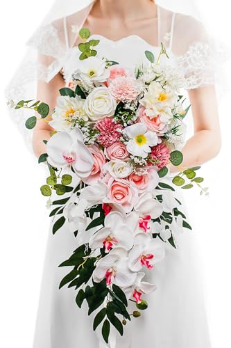 Lisuun Wedding Bouquets for Bride, 16 Inches Wedding Flower Bouquet, Silk Round Bridal Bouquet for Wedding, Ceremony, Anniversary - color: White&pink