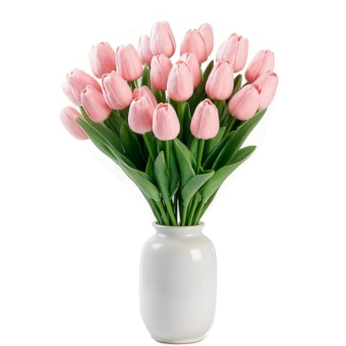 Pink Artificial Tulips Real Touch Fake Flowers, 20 Pcs PU Faux Tulips 13.5", Realistic Tulip Bouquet for Wedding Centerpiece Spring Home Kitchen Dining Table Vase Decoration Easter Floral - color: Light Pink