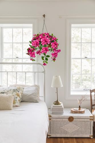 Briful Fake Hanging Flowers with Basket, Hot Pink Artificial Azalea Hanging Silk Basket Flowers Outdoor Faux Flowers for Home Garden Patio Porch Balcony Yard Decor - color: Hot Pink, size: Large
