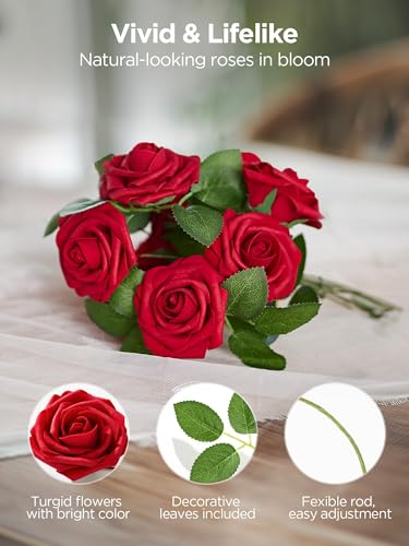 InnoGear Artificial Flowers, 50 Pcs Dark Red Foam Fake Roses Bulk with Stems for Mother's Gift Decoration Celebration DIY Wedding Bouquets Centerpieces Bridal Shower Party Christmas Tree - color: Dark Red