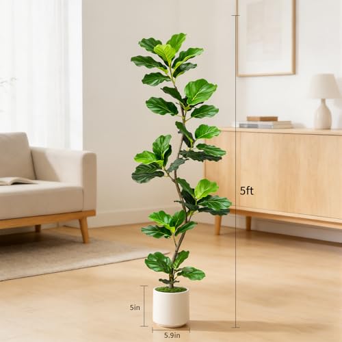 Artificial Fiddle Leaf Fig Tree-5 FT Fake Plant with Nursery Planter,Fake Plants for Home Office Living Room Decor Indoor - color: Fiddle Leaf Fig Tree Green