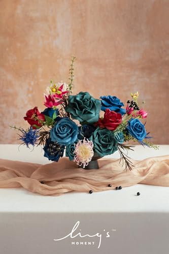 Ling's moment Fake Flowers Box, Foam Roses Artificial Fern Berry Faux Greenery Stems for Wedding Bouquets Centerpieces Table Decorations Floral Arrangement, Navy Blue & Pink, Deluxe Combo - color: Blu-navy Blue & Pink, size: Deluxe