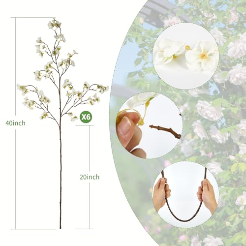 6 Pcs Artificial Cherry Blossom Flower Branches, Realistic Long Stem Silk Cherry Blossom Tree Stems Faux Cherry Flowers Vase Arrangements for Wedding Home Party Garden Decor (White) - color: White